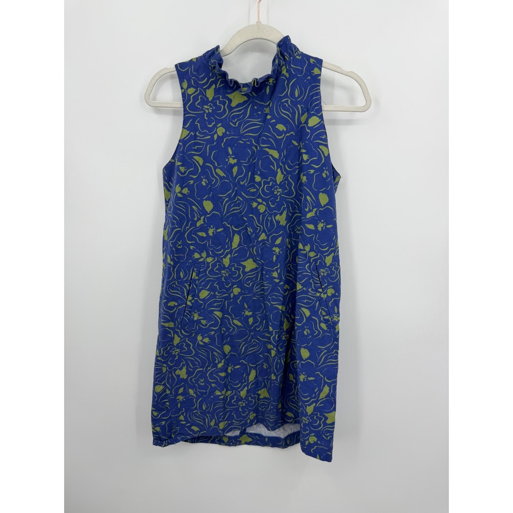 Tyler Boe Ruffle Neck Tie Back Shift Dress Womens Small Blue Green Floral Pocket
